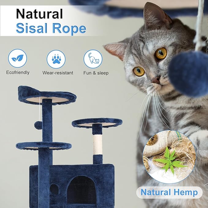 FDW Cat Tree 54in Cat Tower Multi-Level Durable Cat Scratching Post & Cozy Fun Cat Jumping Platform Space Saving Cat Condo Pet Play House for Indoor Cats,Navy Blue-Mewly Pet