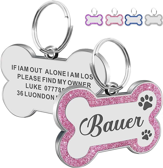 Dog Tags Personalized for Pets Dog Name Tags Personalized Dog Tag Engraved with Any Name & Text Custom Dog ID Tags Glitter Bone ID Tag for Puppy Cat (Pink S, Bone)-Mewly Pet