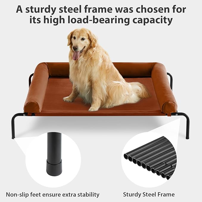 RRPETHOME Large Elevated Cooling Dog Bed, Raised Dog Cot Beds for Large Dogs, Elevated Outdoor Pet Cot, Chew Proof Portable Cooling Pet Cot with Skid-Resistant Feet and Breathable Mesh-Mewly Pet