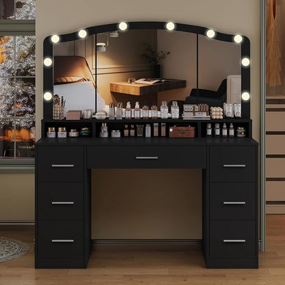 usikey 43.3" Vanity Desk with Large Lighted Mirror, Makeup Vanity Table with 7 Drawers & 10 Lights Bulbs, 3 Lighting Colors, Make Vanity Desk, Vanity Table for Women Girls, Black