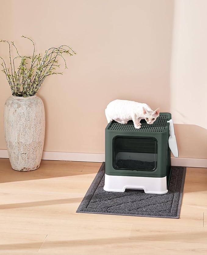 Cat Litter Box with X-Large Litter Mat and Scoop, Large Foldable Litter Box with Lid, Enclosed Kitty Box,Front Top Entry Exit, Odor Control Easy to Clean (Upgrade Olive Green)-Mewly Pet