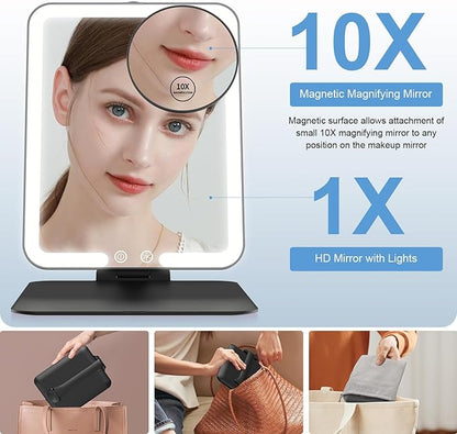 Gospire Travel Makeup Mirror with Lights and Magnification 10X, Portable Make Up Compact Tabletop with Adjustable Stand, 3 Colored Light Rechargeable Lighted LED Cosmetic Vanity- Black