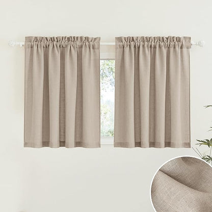 RYB HOME Natural Linen Blend Sheer Curtains for Kitchen, Semi Sheer Light Filtering Privacy Protected Rod Pocket Curtain Panels for Small Window, 52 x 45 inch, Khaki, 2 Panels Set