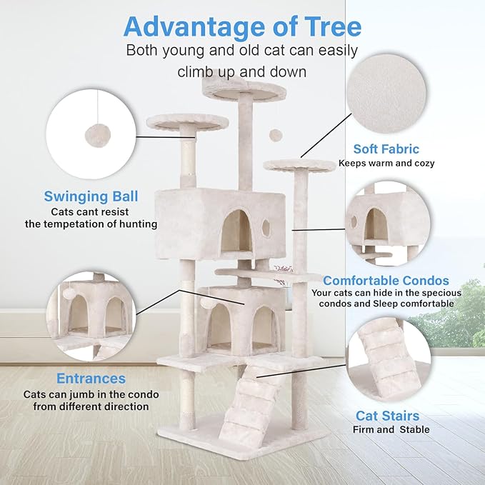 FDW Cat Tree 54in Cat Tower Multi-Level Durable Cat Scratching Post & Cozy Fun Cat Jumping Platform Space Saving Cat Condo Pet Play House for Indoor Cats,Beige-Mewly Pet