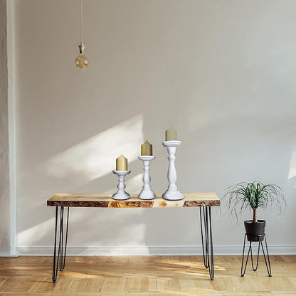 Mela Artisans Wooden Pillar Candle Holders | Tuli Design | Set of 3 Mango Wood Candlesticks | Matte White | Sizes 6" & 9" & 12" | Table Decor | Centerpiece | Mantel | Wedding | Living Room Decor