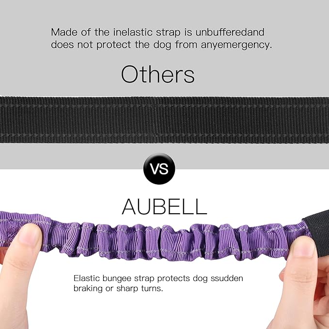 AUBELL Dog Seat Belt for Car,2 Pack Set 3-in-1 Adjustable Reflective Bungee Heavy Duty Dog Car Harness Tether with Clip Hook Latch & Buckle,Swivel Zinc Alloy Carabiner,Black+Purple-Mewly Pet
