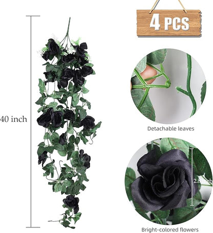 RECUTMS Artificial Rose Vine Hanging Plants 4Pieces 3.3Ft Flowers for Home Room Garden Wedding Indoor Outdoor Decoration (Black)