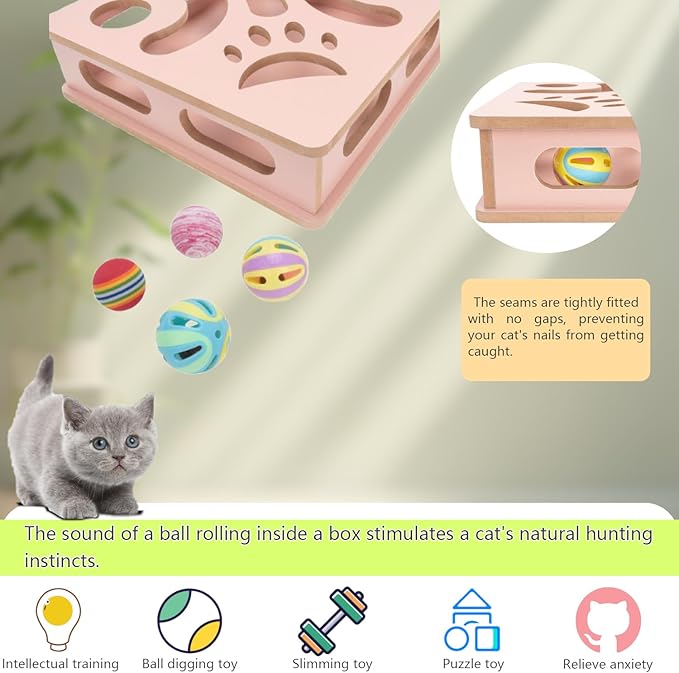 Interactive Wooden Cat Puzzle Toy Box Indoor Hunting Play Toy to Stimulate Your Cat’s Energy and Instincts (Pink)-Mewly Pet