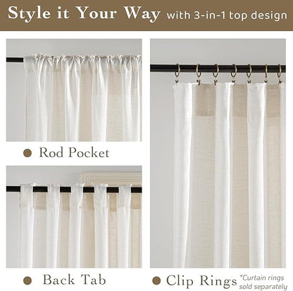 RYB HOME Sheer Curtains 84 inches Long Linen Blend Light & Airy Vertical Translucent Panels for Bedroom Living Room Office, Rod Pocket & Back Tab, W52 x L84, Ivory, 2 Panels