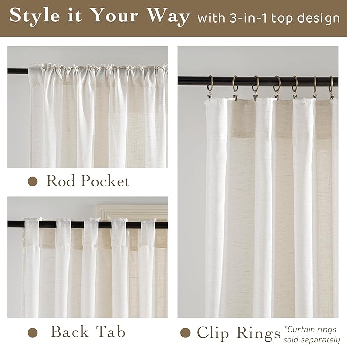 RYB HOME Ivory Sheer Curtains for Living Room, Linen Blend Filter Sunlight Glare Vertical Luxury for Bedroom Dining Office Window, Rod Pocket & Back Tab, W52 x L90, 2 Panels