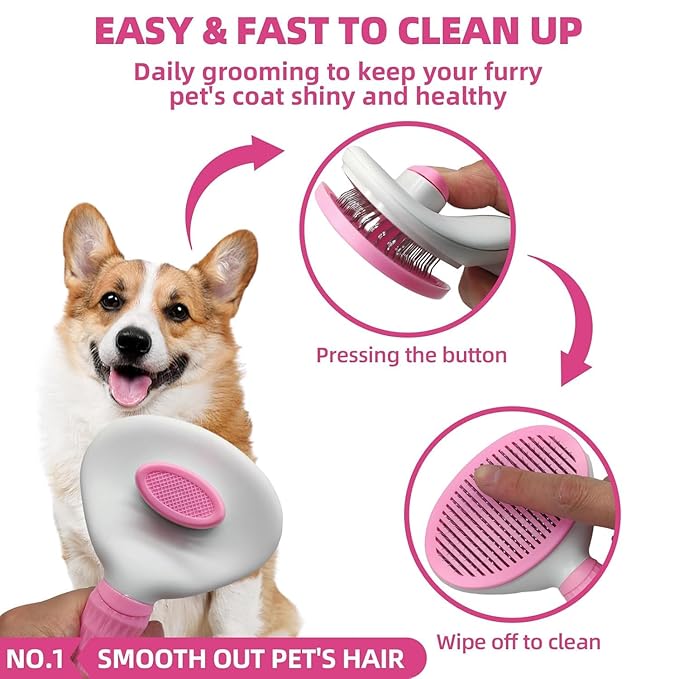 Bath Grooming Kit for Pets - Hair Brush Set with Towel, Washing Gloves, and Shampoo Scrubber Brush for Dogs and Cats (Pink)-Mewly Pet