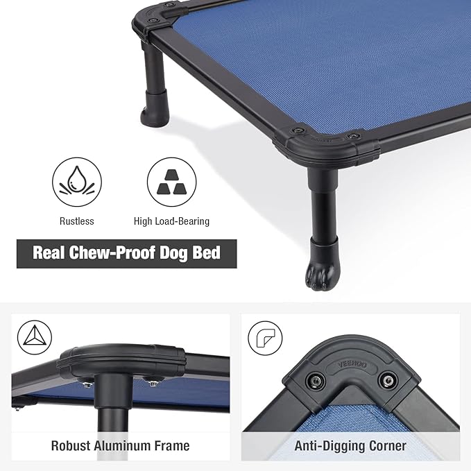 Veehoo Chew Proof Elevated Dog Bed - Cooling Raised Pet Cot - Rustless Aluminum Frame and Durable Textilene Mesh, Unique Designed No-Slip Feet for Indoor or Outdoor Use, Blue, Medium, CWC2002-Mewly Pet