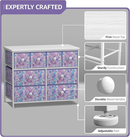Sorbus Fabric Dresser for Kids Bedroom - Chest of 8 Drawers, Storage Tower, Clothing Organizer, for Closet, for Playroom, for Nursery, Steel Frame, Fabric Bins - Knob Handle (Tie-dye Purple)