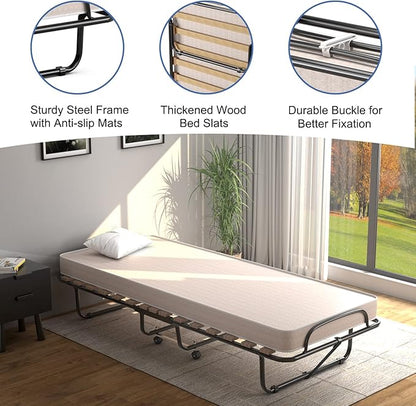 Giantex Folding Bed with Mattress for Adults, Rollaway Guest Beds w/Memory Foam Mattress & Metal Frame, Made in Italy, Cot Size Rollaway Bed, Portable Foldable Sleeper Bed for Home, Beige