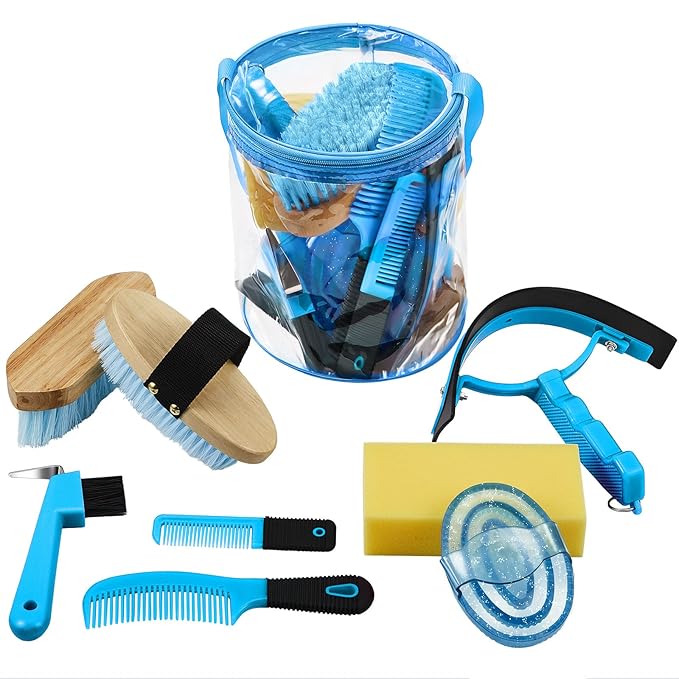 9 Pieces Horse Grooming Kit Tack Room Supplies Set with Organizer Tote Bag, Oval Massage Curry, Hard and Soft Brush, Hoof Pick, Sweat Scraper, Bathing Sponge, Combs for Horse Riders Beginners (Blue)-Mewly Pet