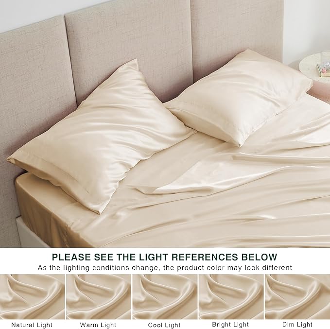 Love's cabin Satin King Sheet Sets - 4 Piece Beige Silky Sheets King Size Bed Set with Deep Pocket, Luxury Silk Feel King Size Satin Sheet Set (1 Flat Sheet,1 Fitted Sheet,2 Pillow Cases)