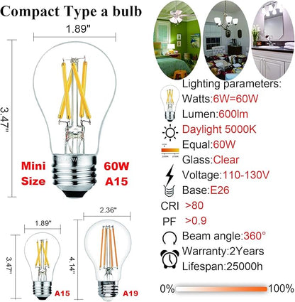 LiteHistory E26 Edison Bulb 6W=60 watt Light Bulb Dimmable Daylight 5000K Edison Light Bulb 60 Watt AC120V A15 led Bulb for Ceiling Fan,Vanity,Refrigerator,Wall scones 600lm E26 Light Bulb 6Pack