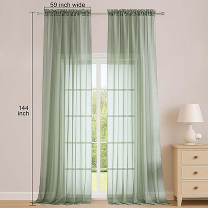 OWENIE Extra Long Sage Green Sheer Curtains 144 inch 2 Panels Set, Translucent Backdrop Window Scarf Drapes for Canopy Bed/Wedding/Living Room/Anniversary, 12FT Length, Each 59Wx144L in, 2PCS