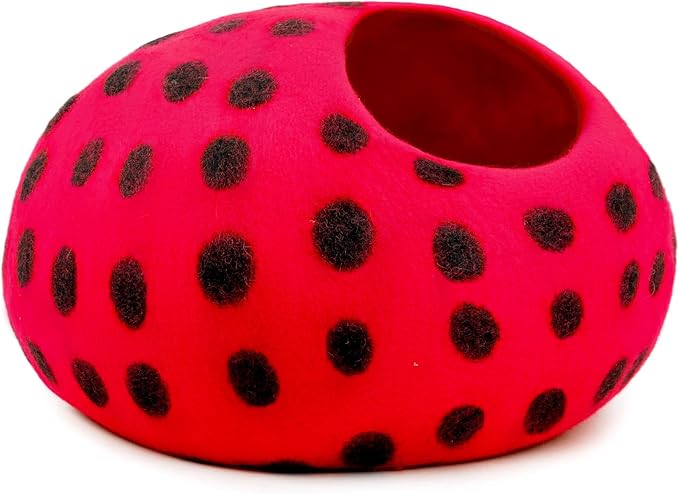 Woolygon Premium Felt Cat Cave Bed - Polka Dot Series - Wool Kitty Beds Handcrafted Kitten Caves Bed for Indoor Cats - Eco-Friendly Merino Wool, Foldable Cat Hideaway Cat Houses (Red/Black Dots)-Mewly Pet
