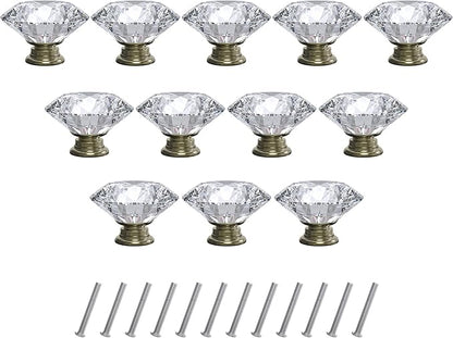 12-Pack Crystal Glass Cabinet Knobs for Home Decor, Vanity Drawers, Desks, Wardrobe Doors, Standard Screws Easy Installation for Home Refurbishment and Redecoration (Clear Crystal, 30mm, Bronze Base)