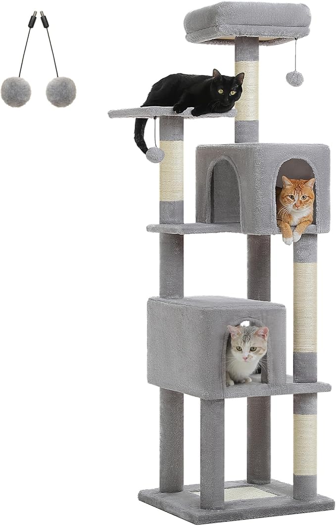 62-Inch Cat Tree for Indoor Cats, Large Cat Tower with Scratching Posts for Large Cats, 2 Bigger Plush Condos, Padded Platform, Soft Cat Bed and Scratching Pad, 2 Pompoms, Gray-Mewly Pet