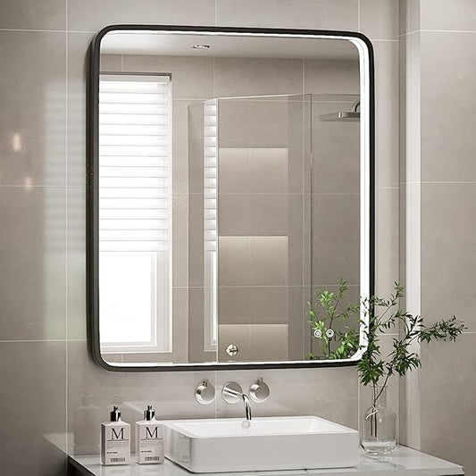 30X36 Inch LED Mirror for Bathroom,Black Metal Frame Lighted Vanity Mirror,Large Wall Mounted Makeup Mirror,6000K,Dimmable Anti-Fog