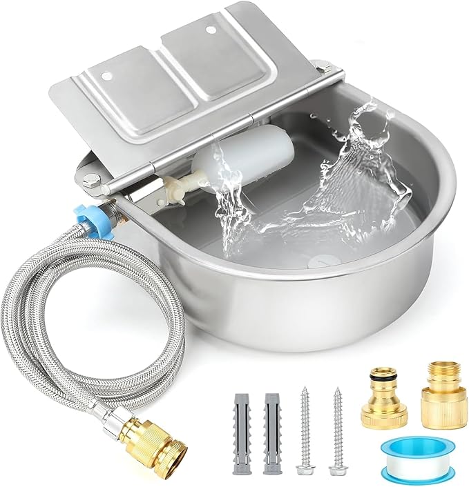 FHTONGE 304 Stainless Steel Automatic Dog Water Bowl Dispenser with Drainage and Float Valves, Large Auto Fill Dog Waterer for Outdoor Big Dogs Livestock Poultry Horse Cow Goat Pig Chicken Duck Rabbit-Mewly Pet