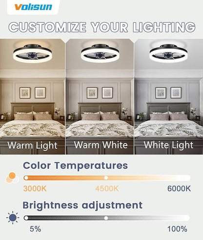VOLISUN 13 inch Small Ceiling Fans with Lights and Remote, Low Profile Ceiling Fans with Light, 3000K-6500K Dimmable LED Ceiling Light Flush Mount, Bladeless Fandelier Ceiling Fan (Black)