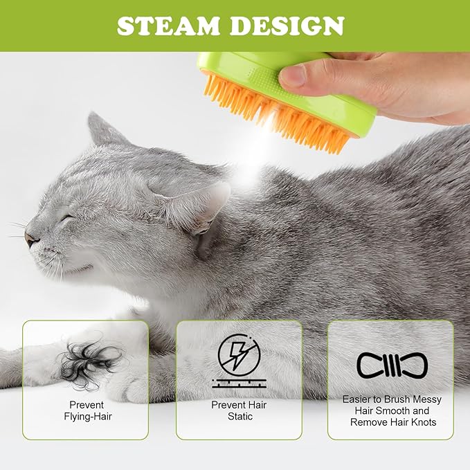 Steam Brush for Cats Shedding, 3 in 1 Steamy Water Pet Hair Removal Comb with Steamer, Spritz Comb for Dog, Indoor Cat Spray Mist Grooming Defur Brush, Cepillo Vapor Gato Perro, Steaming Cleaning Spa-Mewly Pet