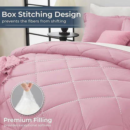 HEVUMYI Queen Comforter Set - 7-Piece All Season Bed in a Bag Queen, Ultra Soft Bedding Set with Comforter, Flat Sheet, Fitted Sheet, Pillowcases, Pillow Shams, Pink & Ivory
