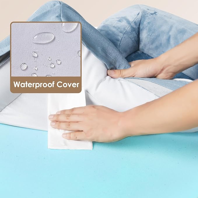 EHEYCIGA Orthopedic Dog Beds for Large Dogs, Waterproof Memory Foam Large Pet Bed with Sides, Non-Slip Bottom and Egg-Crate Foam Dog Couch Bed with Washable Removable Cover, Washed Blue-Mewly Pet