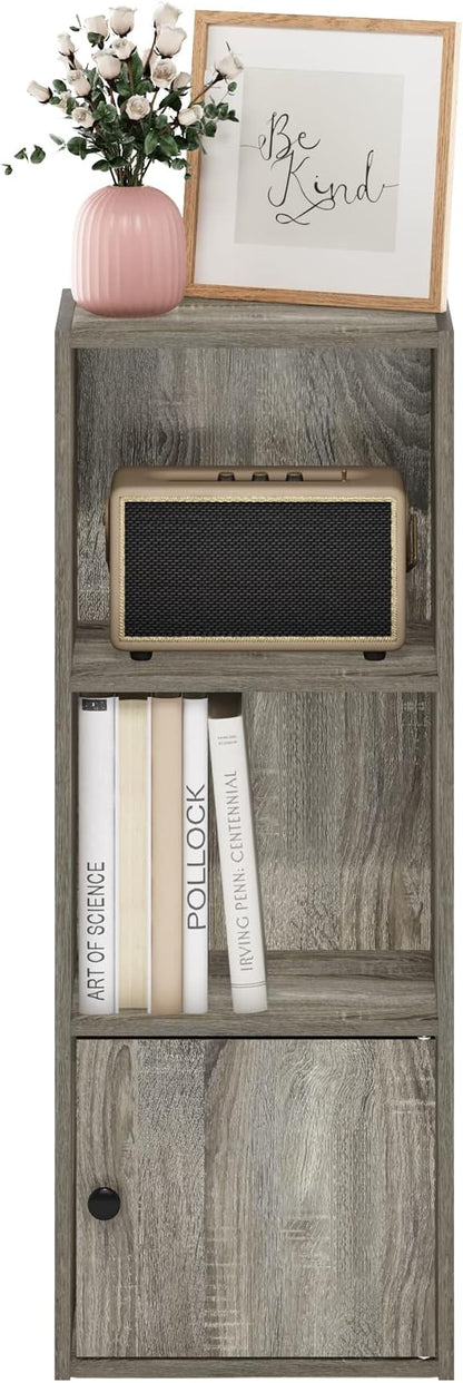 Furinno LUDER Book Shelf, 3-Tier Modern Bookshelf, Bookcase with 1 Door Storage Cabinet, 9.3" x 12" x 31.5", for Living Room, Bedroom, Home Office, French Oak