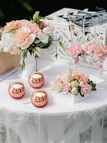 12 Pcs Rose Gold Candle Holders for Birthday Party Decorations- Mercury Glass Votives Tea Lights Holders for Wedding/Bridal Shower/Mother's Day Table Centerpieces, Rose Gold Party Supplies for Women
