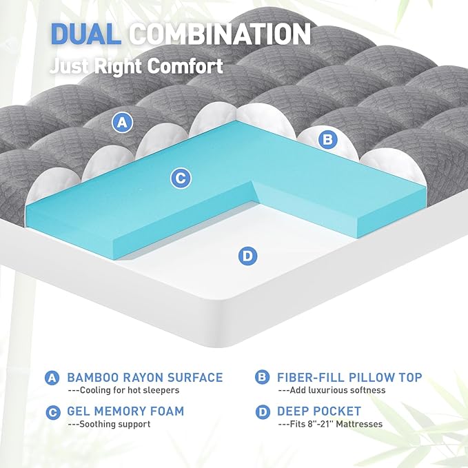 Dual Layer 3 Inch Memory Foam Mattress Topper Twin XL Size, 2 Inch Cooling Gel Memory Foam Plus 1 Inch Pillow Top Mattress Pad Cover, with 8-21 Inch Deep Pocket, Grey