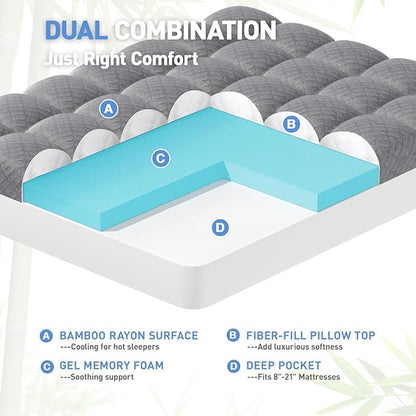 Dual Layer 3 Inch Memory Foam Mattress Topper California King Size, 2 Inch Cooling Gel Memory Foam Plus 1 Inch Pillow Top Mattress Pad Cover, with 8-21 Inch Deep Pocket, Grey