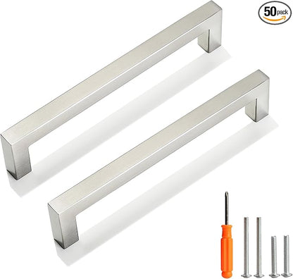 Cabinet Pulls Brushed Nickel Cabinet Handles Square Drawer Pulls, 50 Pack 6-1/4 Inch Stainless Steel Kitchen Door Cupboard Cabinet Handles, Cabinet Hardware Drawer Handles, 160mm Hole Centers
