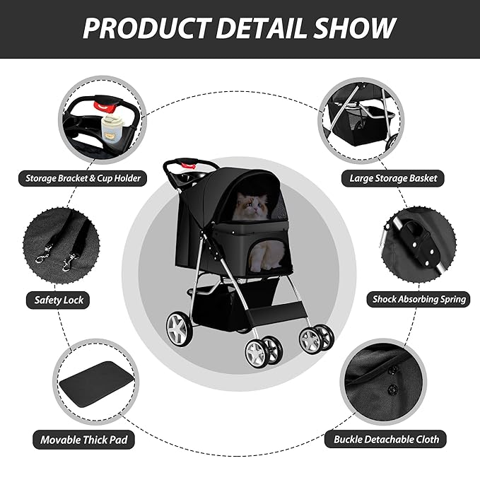 4 Wheels Pet Stroller for Small Medium Dogs Cats 10-33 lbs, Foldable Dog and Cat Stroller with Cup Holder & Storage Basket & Breathable Mesh, Pet Strolling Cart for All-Season, Black-Mewly Pet