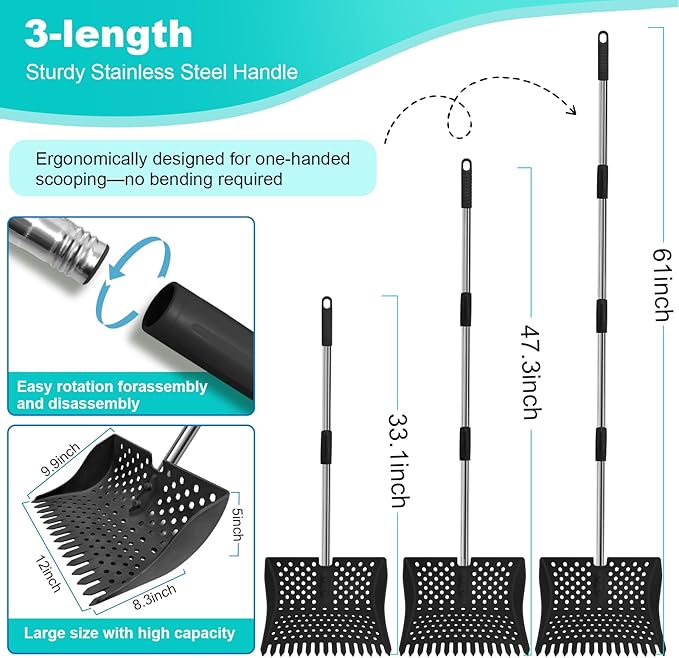 12-Inch 2-in-1 Chicken Poop Scooper & Rake – US Patent Pending – 3-Shape Sifting Holes Chicken Coop Rake，Stainless Steel Handle （20–61"）– Litter Scoop Sand & Sifting Shovel for Chicken Coops (Black)-Mewly Pet