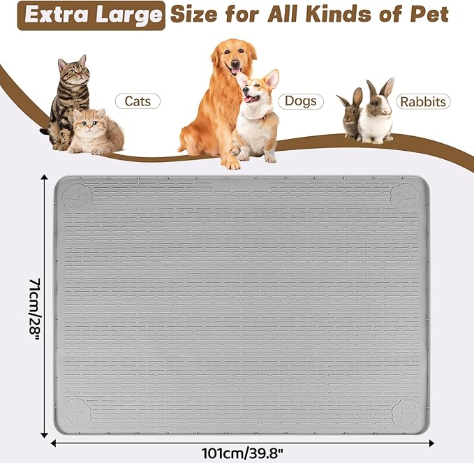 Cat Food Mat, 40" x 28" Extra Large Silicone Pet Feeding Mat with Raised Edge Pet Placemat for Food and Water Bowl Non-Slip, Easy to Clean, Floor Protection (Grey)