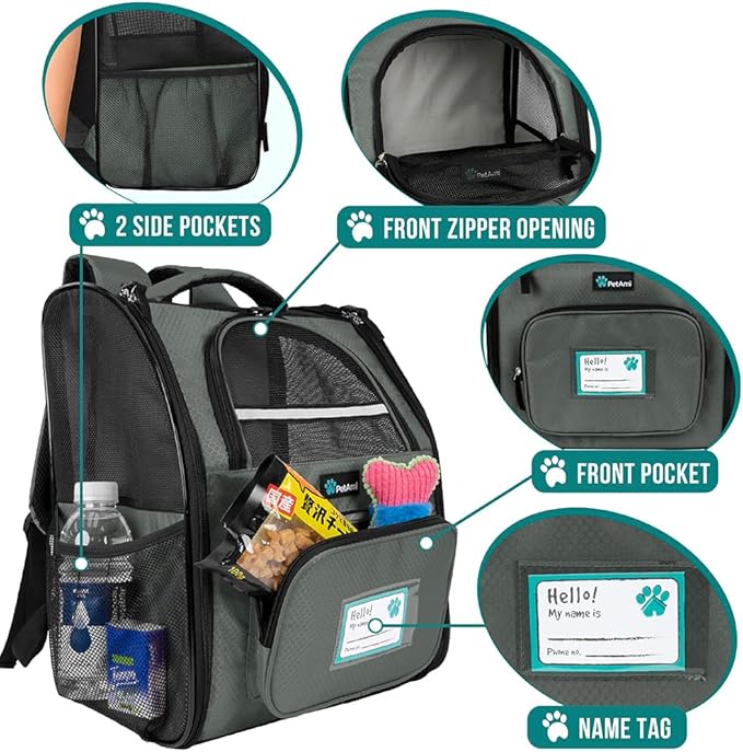 PetAmi Dog Backpack Carrier for Small Large Cat, Pet, Puppy, Ventilated Pet Hiking Backpack Travel Bag, Airline Approved Cat Backpack Carrier, Camping Biking Dog Bag Up to 18lbs Pet, Dark Grey-Mewly Pet