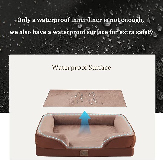 Bedfolks Orthopedic Dog Bed XXL, Waterproof Dog Sofa Bed for Giant Dogs, Egg Foam Pet Couch Bed with Removable Washable Cover and Nonslip Bottom, Brown-Mewly Pet
