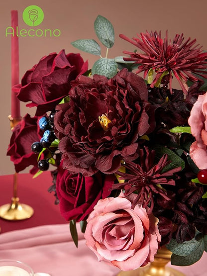 Alecono Artificial Flowers, Burgundy Silk Fake Flowers for DIY Wedding Bridal Bouquets, Red Cake Flowers for Wedding Table Centerpieces Birthday Party Home Decorations