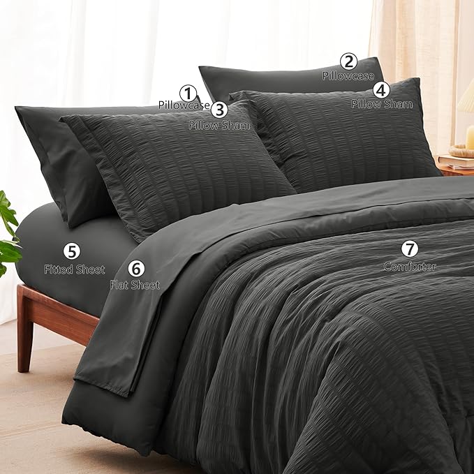 CozyLux King Size Comforter Set Dark Grey Seersucker 7 Pieces Bed in a Bag King Comforter Set with Sheets, Luxury Bedding Set with Down Alternative Comforter, Sheets, Pillowcases & Shams All Seasons