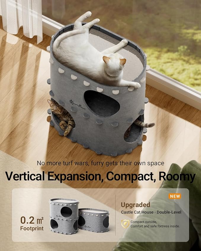 DownyPaws Cat House for Indoor Cats, 2-Storey Foldable Cat Bed Cave, Felt Cats Tunnel Bed Condo, Castle Kitten Cube Hideaway for Multicats, Scratch Resistant, Light Gray-Mewly Pet