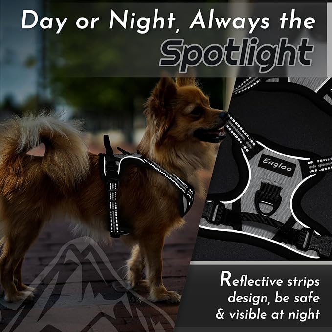 Eagloo Small Dog Harness No Pull, Service Vest with Reflective Strips and Control Handle, Adjustable and Comfortable for Walking, No Choke Pet Harness with 2 Metal Rings, Grey, XS-Mewly Pet