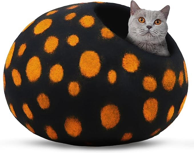 Woolygon Premium Felt Cat Cave Bed - Polka Dot Series - Wool Kitty Beds Handcrafted Kitten Caves Bed for Indoor Cats - Eco-Friendly Merino Wool, Foldable Cat Hideaway Cat Houses (Yellow/Black Dots)-Mewly Pet