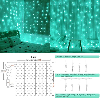 suddus Curtain Lights for Christmas, 200 Led 6.5ft x 6.5ft Hanging String Lights Outdoor, Fairy Curtain Lights for Backdrop, Window, Wall, Party, Garden, Bedroom, Birthday Decorations, Teal
