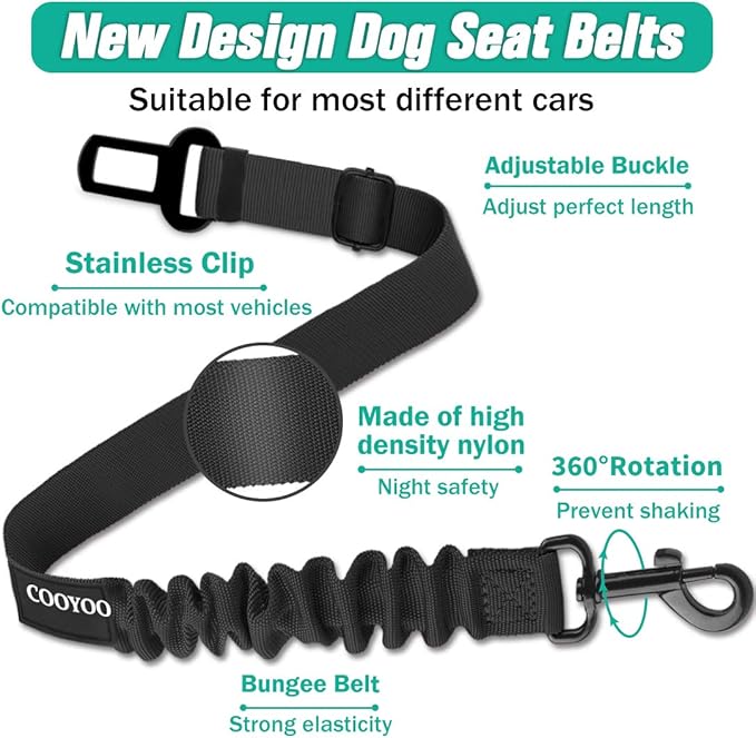 COOYOO Dog Seat Belt, Durability Retractable Dog Car Harness Adjustable Dog Seat Belt for Vehicle Nylon Pet Safety Seat Belts Heavy Duty & Elastic (1 Pack Black)-Mewly Pet