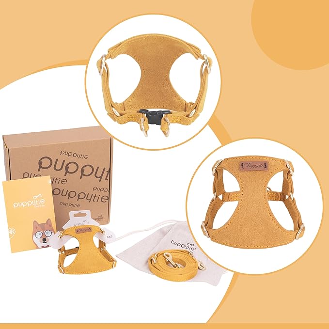 Puppytie No Pull XXS Puppy Harness with Multifunction Dog Leash,Soft Adjustable No Choke Escape Proof Pet Harness Vest,Yellow,XXS-Mewly Pet