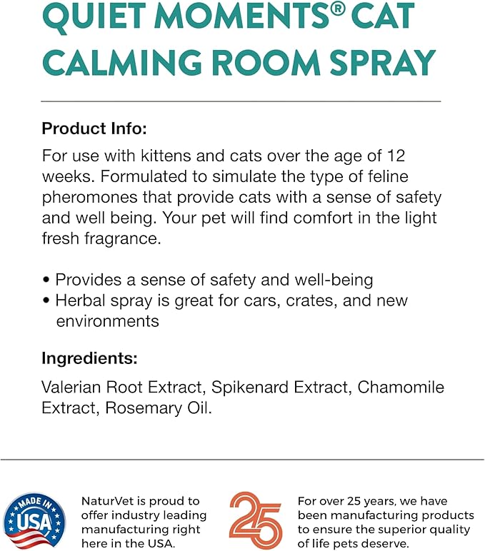 NaturVet Hemp Quiet Moments Plus Hemp Seed for Cats, 60 ct Soft Chews, Made in USANaturVet Quiet Moments Herbal Calming Spray, 8 Ounce- Feline-Mewly Pet